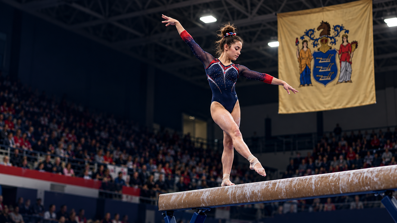 New Jersey gymnast performing on the balance beam