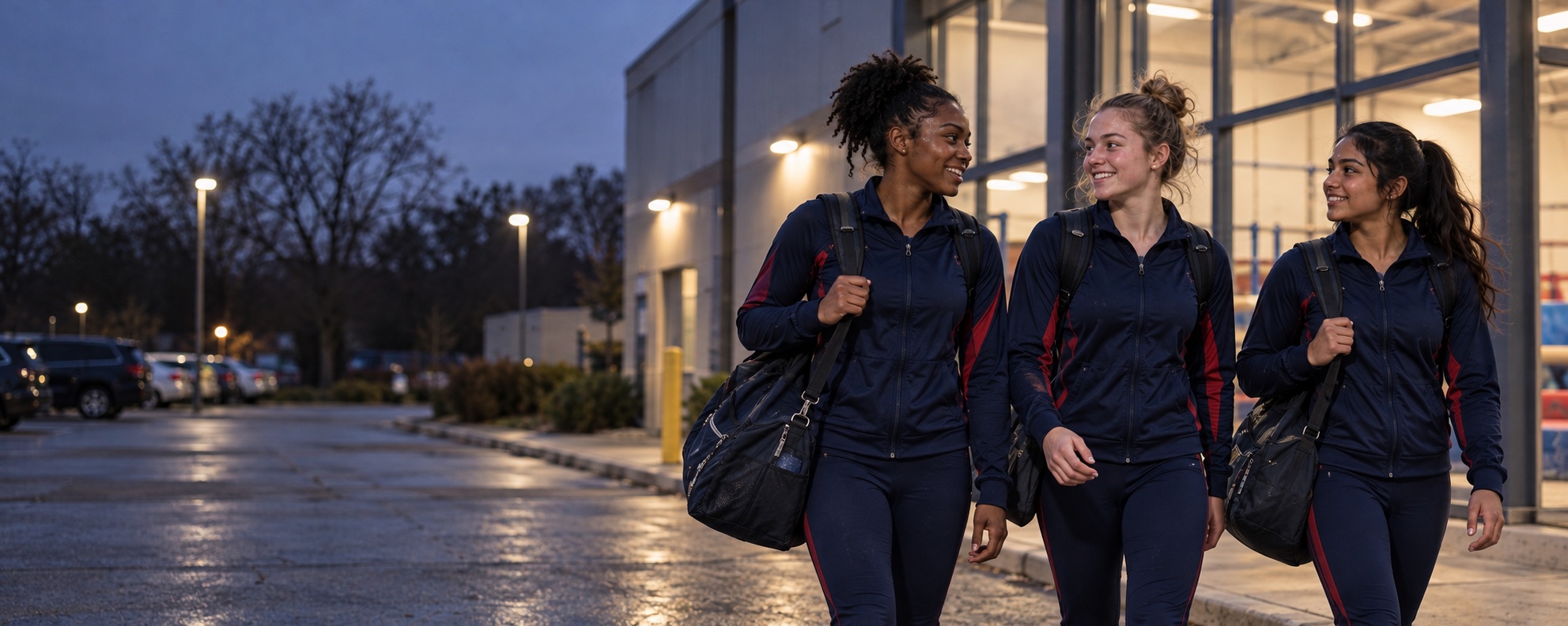 Gymnasts arriving together at an athletics facility