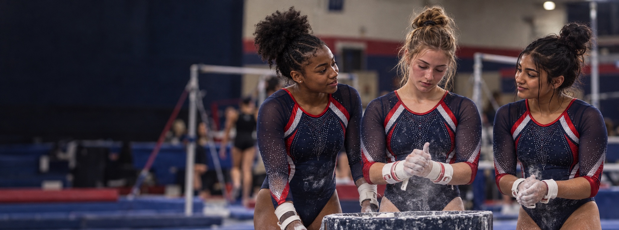Gymnasts preparing together at a meet
