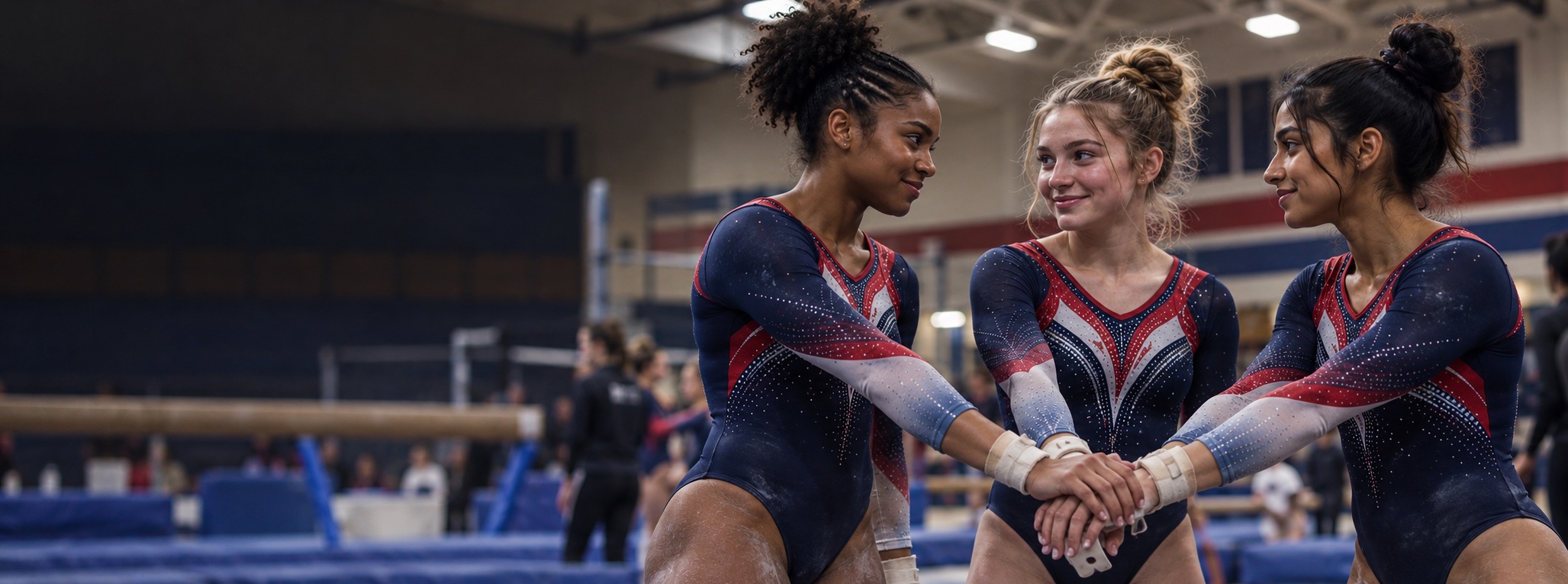 Gymnasts joining hands before competition